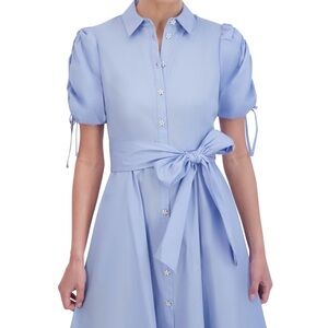 Eliza J Blue Shirt Dress Puff Sleeve Rhinestone Floral Shaped Buttons NWT Size 8
